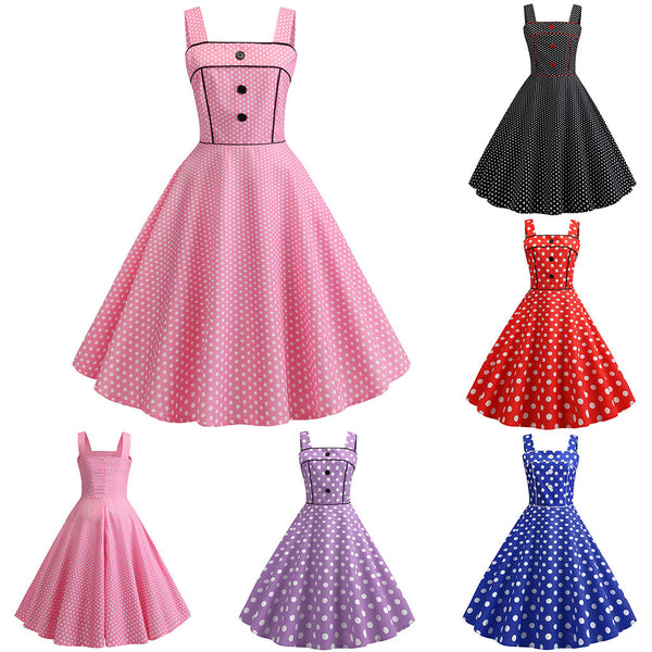  Summer women Retro dot buttons dress Sleeveless Abbigliamento Donna Strappy Printing Evening Party Apri Prom Swing Dress #s7