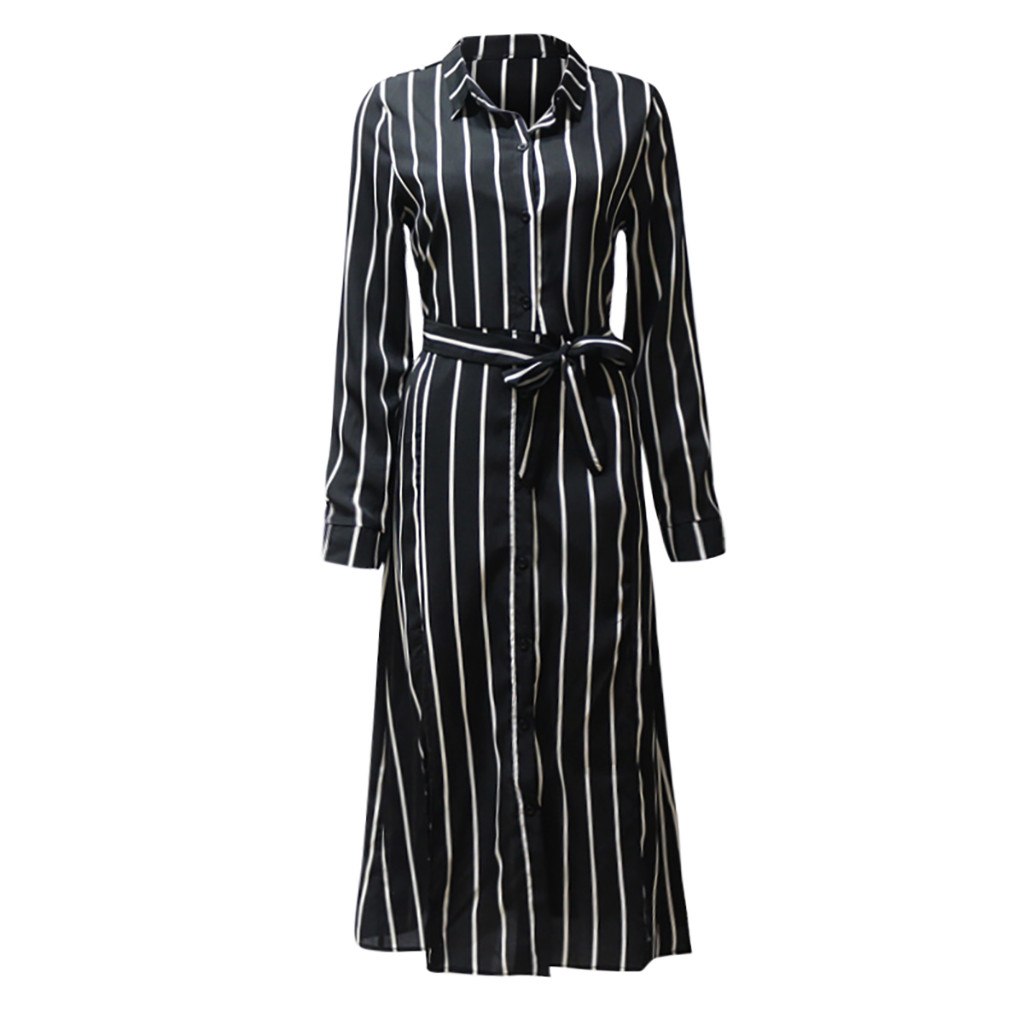 Fashion Women Striped Printed V-Neck Long Sleeve Bandage Button Dress