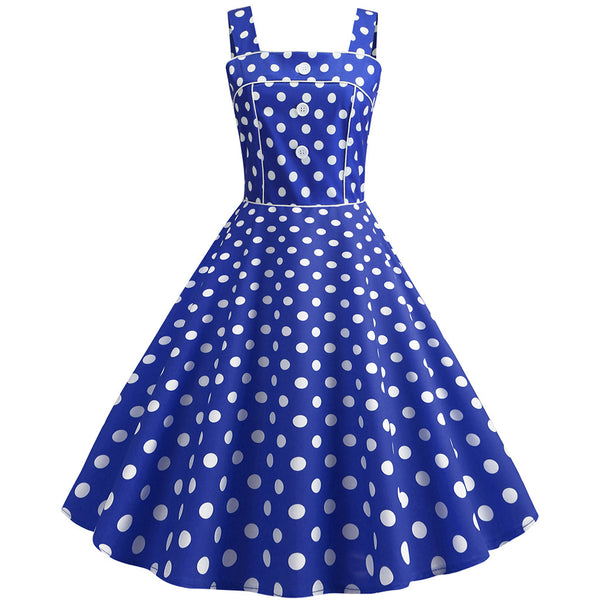  Summer women Retro dot buttons dress Sleeveless Abbigliamento Donna Strappy Printing Evening Party Apri Prom Swing Dress #s7