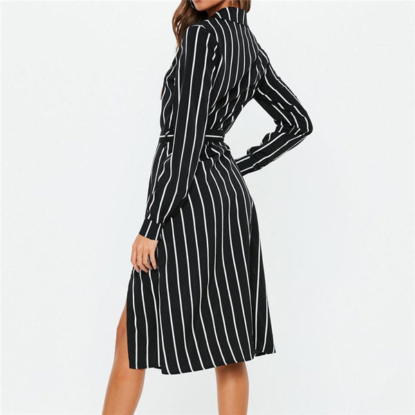 Fashion Women banda dress Black and white StripesPrinted Open Fork Dress V-Neck Long Sleeve Bandage Button dress long sleeve #s7