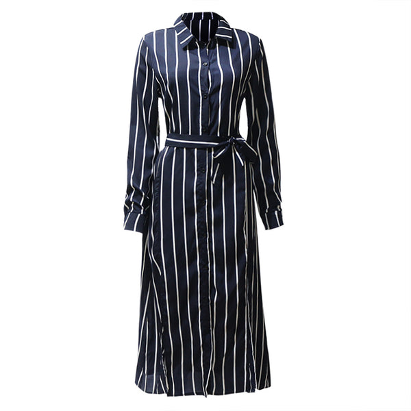 Fashion Women Striped Printed V-Neck Long Sleeve Bandage Button Dress