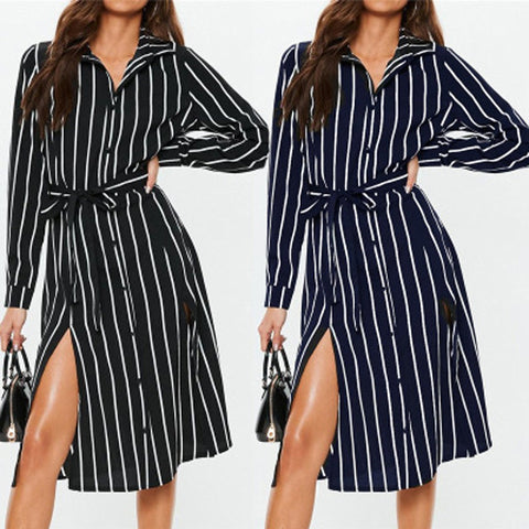 Fashion Women banda dress Black and white StripesPrinted Open Fork Dress V-Neck Long Sleeve Bandage Button dress long sleeve #s7