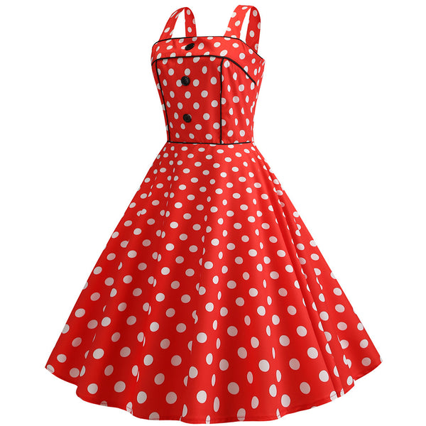  Summer women Retro dot buttons dress Sleeveless Abbigliamento Donna Strappy Printing Evening Party Apri Prom Swing Dress #s7